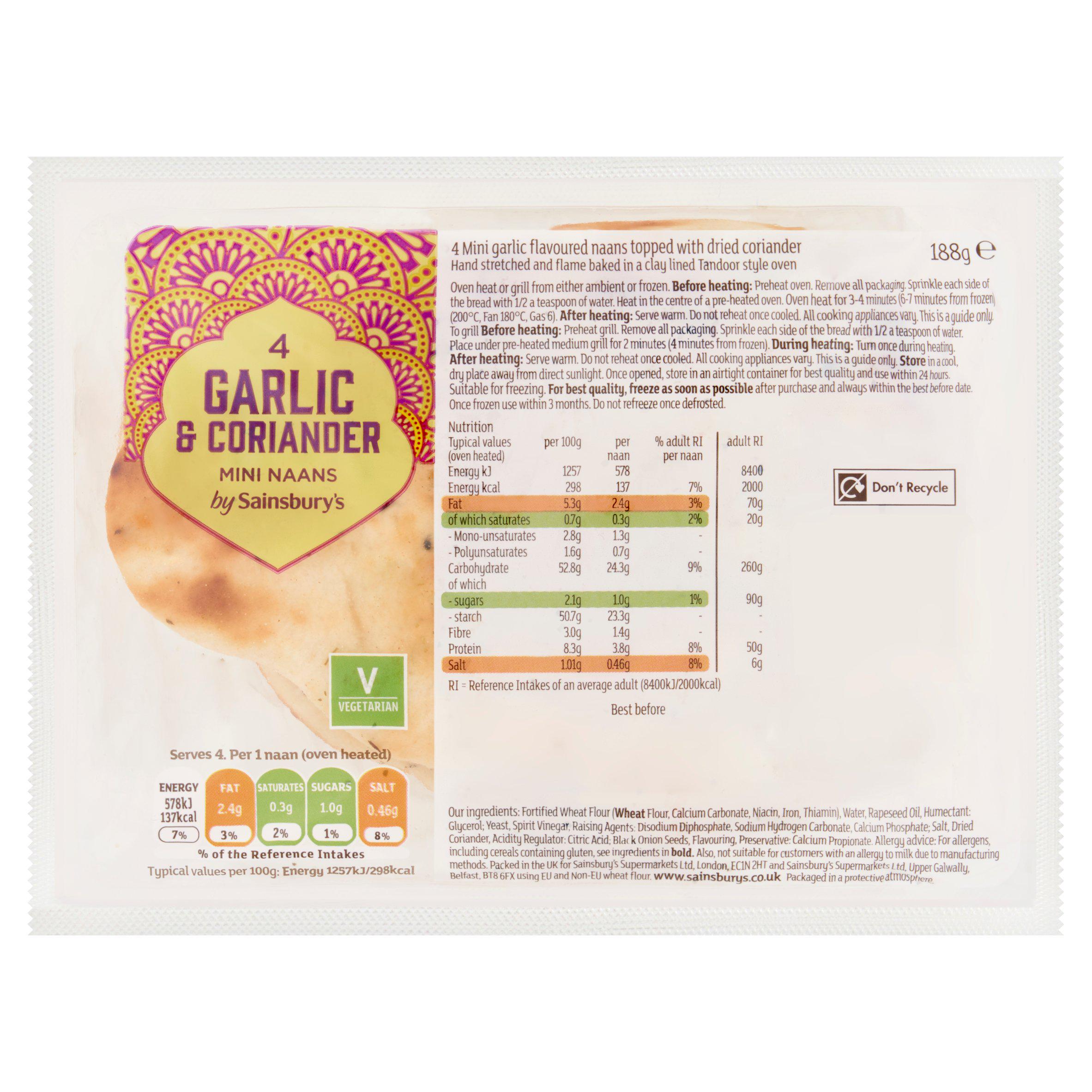 Sainsbury's Garlic & Coriander Mini Naan x4 188g Indian Sainsburys   