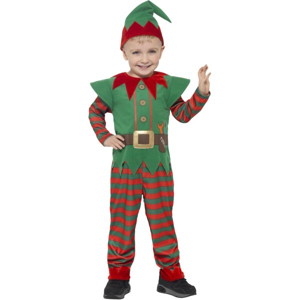 Smiffys toddler elf costume red and green with jumpsuit and hat, UK version