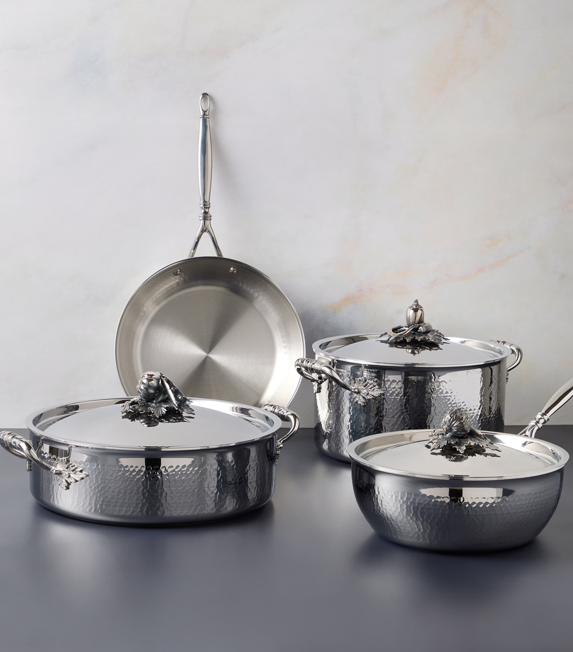 Ruffoni 4-piece tri-ply clad stainless steel cookware set with hand-hammered finish, imported from the UK