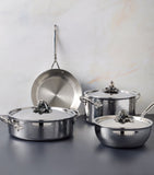 Ruffoni 4-piece tri-ply clad stainless steel cookware set with hand-hammered finish, imported from the UK