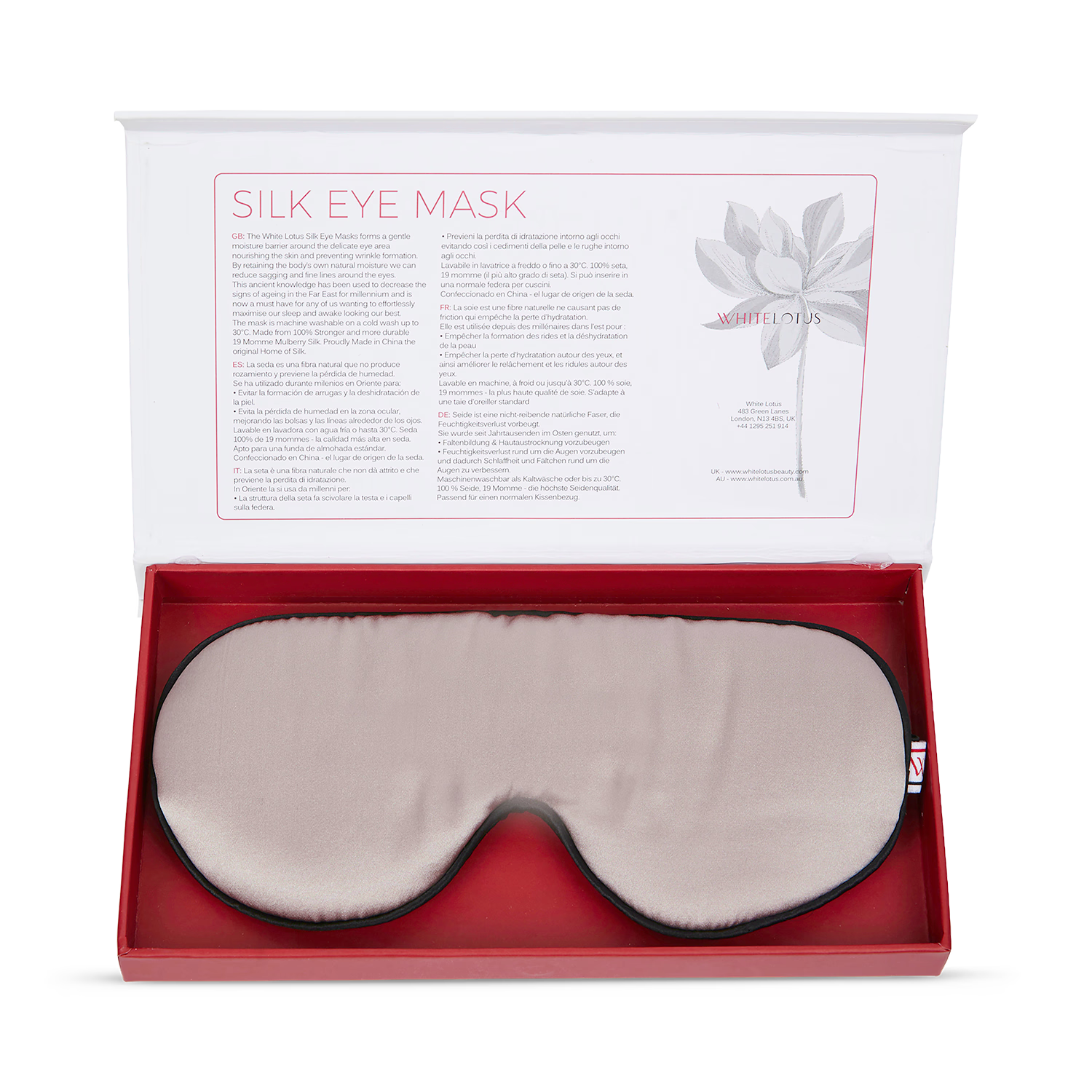 White Lotus Beauty 100% mulberry silk sleep mask, imported from the UK