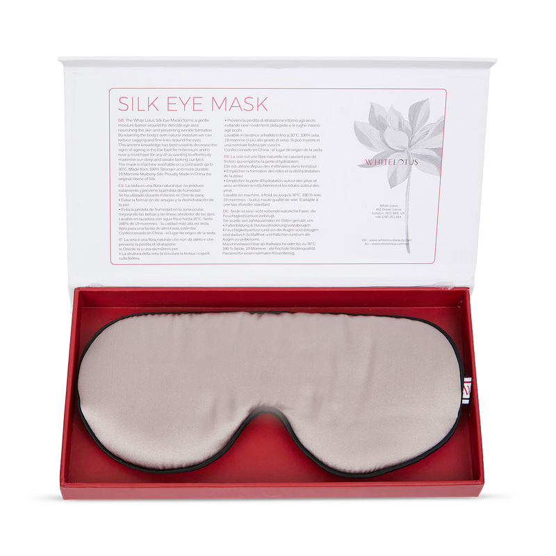 White Lotus Beauty 100% mulberry silk sleep mask, imported from the UK