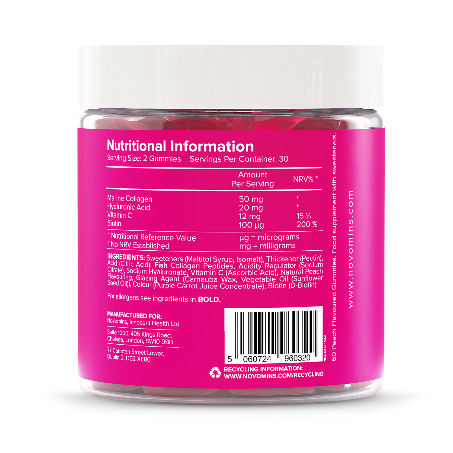 Novomins collagen gummies sugar-free peach flavour 60 gummies (British brand)