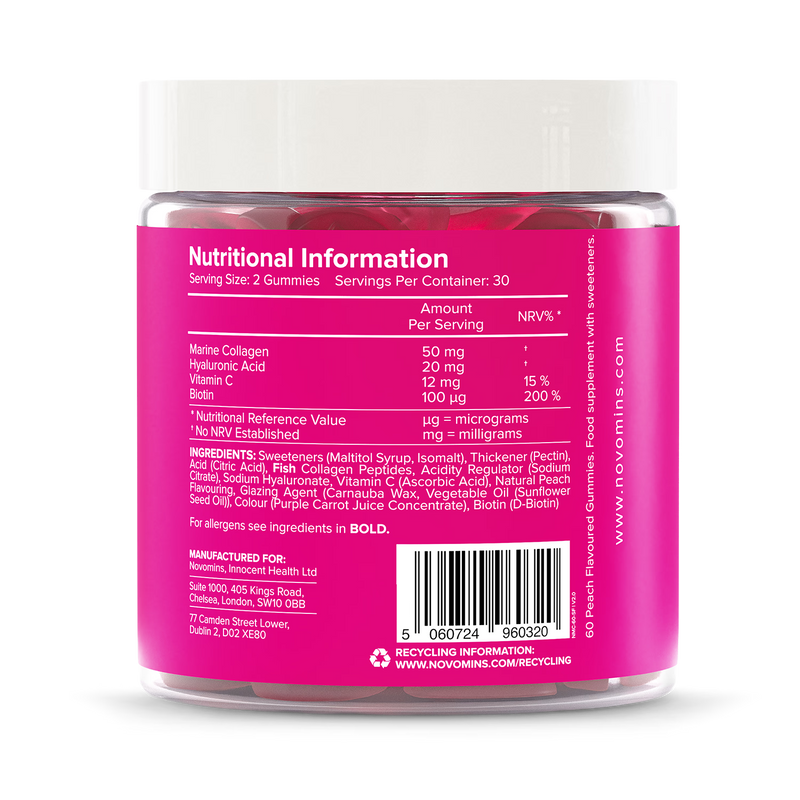 Novomins collagen gummies sugar-free peach flavour 60 gummies (British brand)