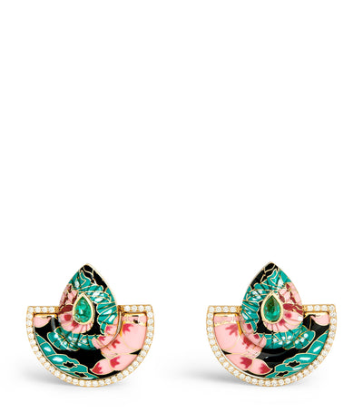 Harrods L'Atelier Nawbar Yellow Gold and Diamond Chinoiserie Bond Fan Earrings- Buy online at McGrocer