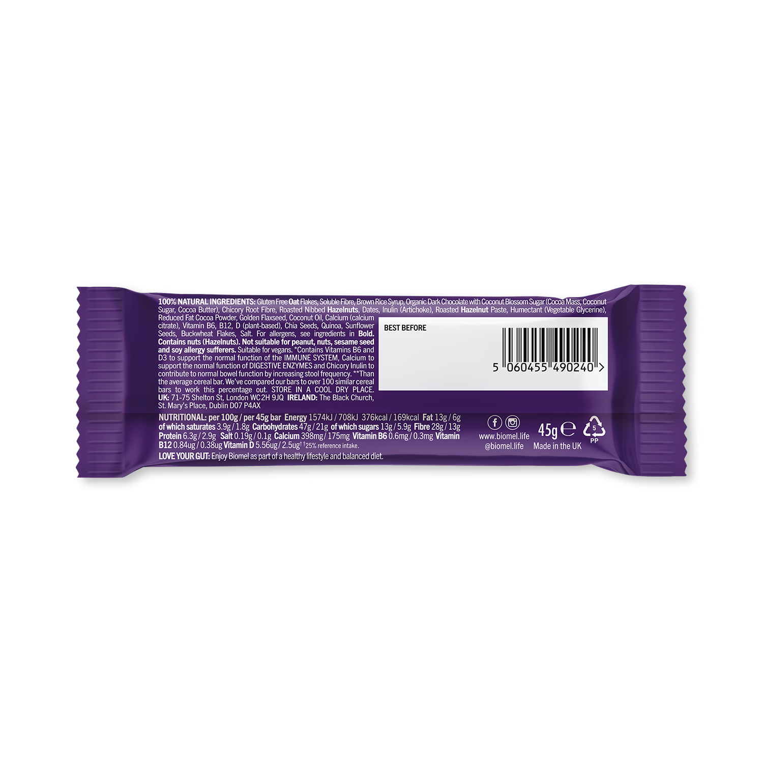 Biomel hazelnut gut health bar 45g - British product