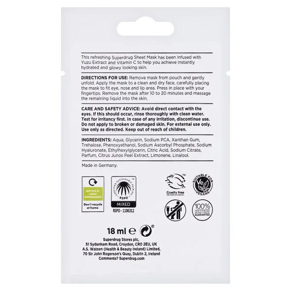 Superdrug Hydrating Yuzu Sheet Mask (British brand)