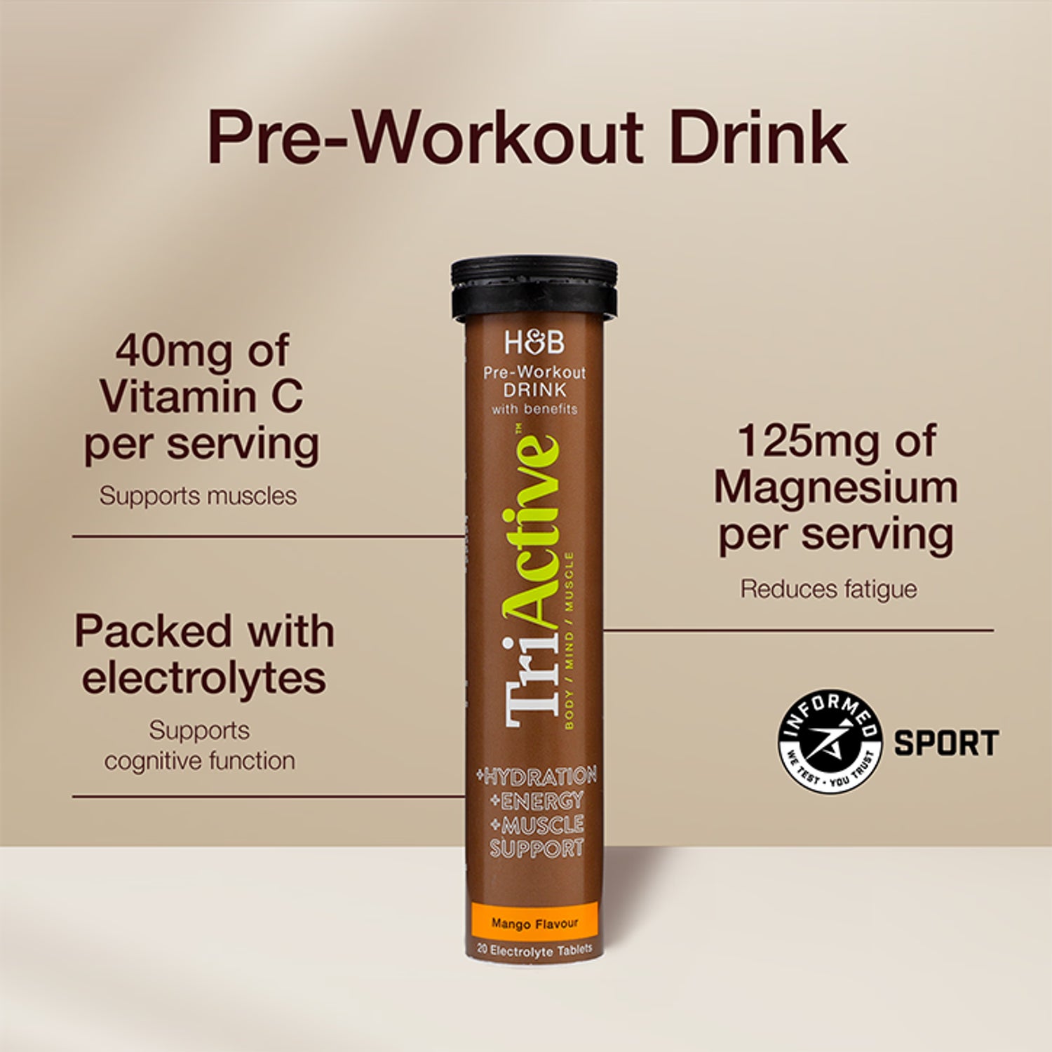 TriActive pre-workout electrolyte tablets mango 20 tablets, imported from the UK