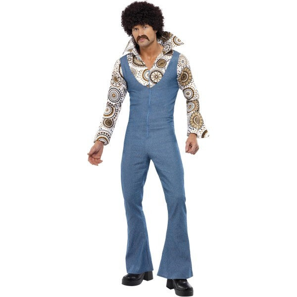 Smiffys Groovy Dancer Costume blue jumpsuit with mock shirt, UK version