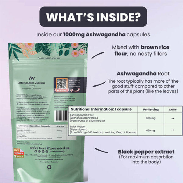 Our Remedy Ashwagandha 1000mg 60 capsules, imported from the UK