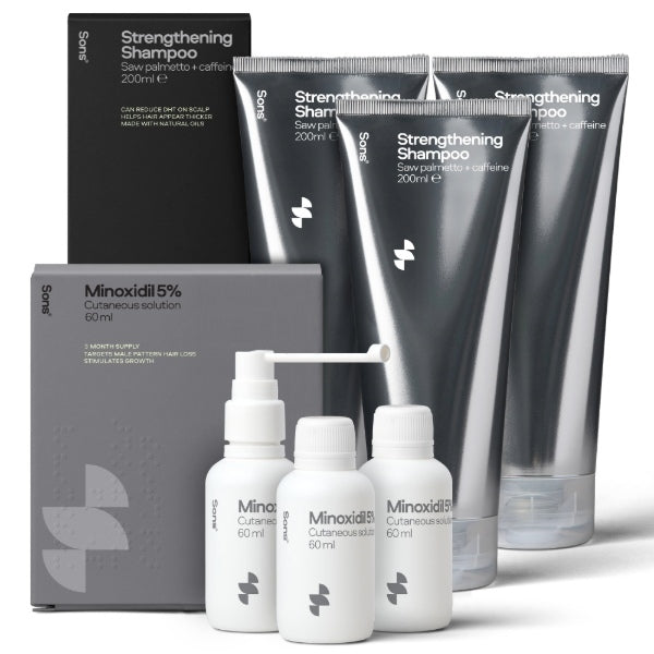 Sons Minoxidil 5% spray and shampoo for hair loss, imported from the UK