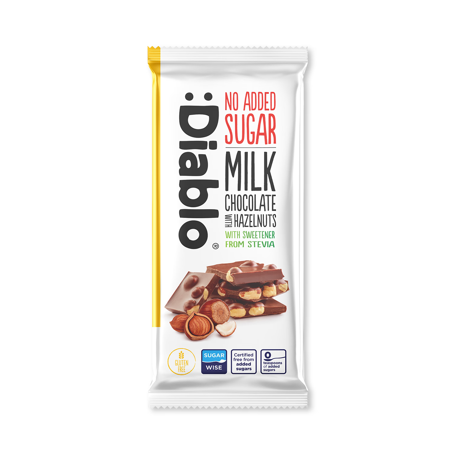 Diablo milk chocolate bar no added sugar hazelnuts 75g, UK version
