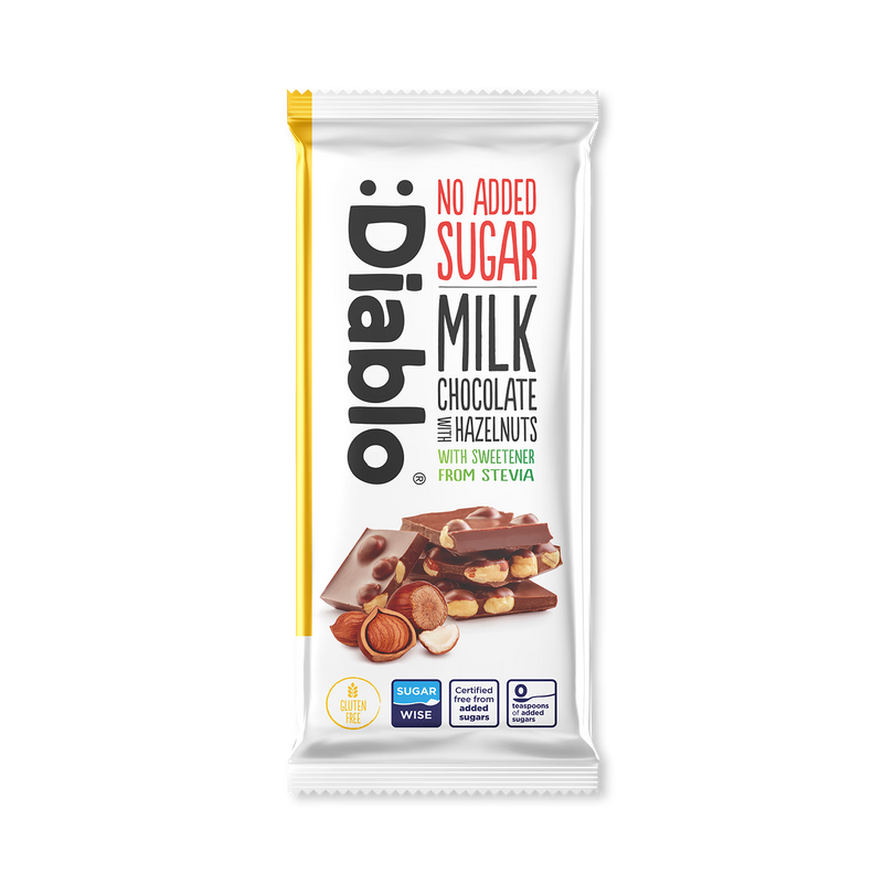Diablo milk chocolate bar no added sugar hazelnuts 75g, UK version