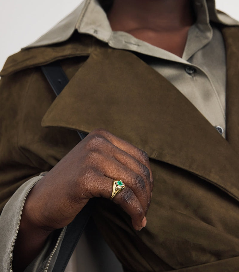Suzanne Kalan yellow gold emerald diamond signet ring, imported from the UK