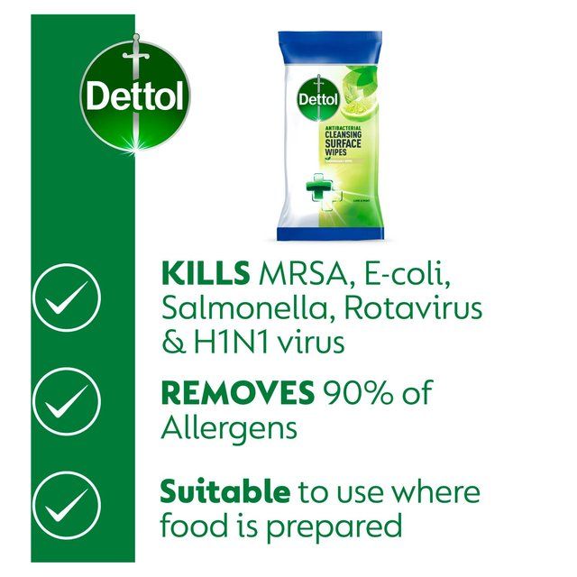 Dettol Antibacterial Biodegradable Lime Multi Surface Cleansing Wipes   72 per pack