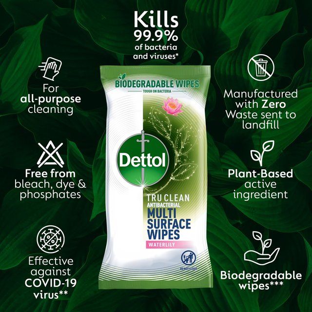 Dettol Tru Clean Antibacterial Biodegradable Waterlily Cleaning Wipes