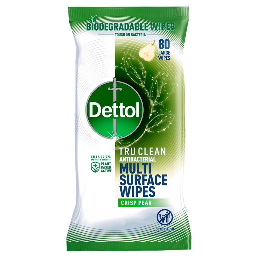 Dettol Tru Clean Antibacterial Disinfectant Wipes Crisp Pear 80 Wipes