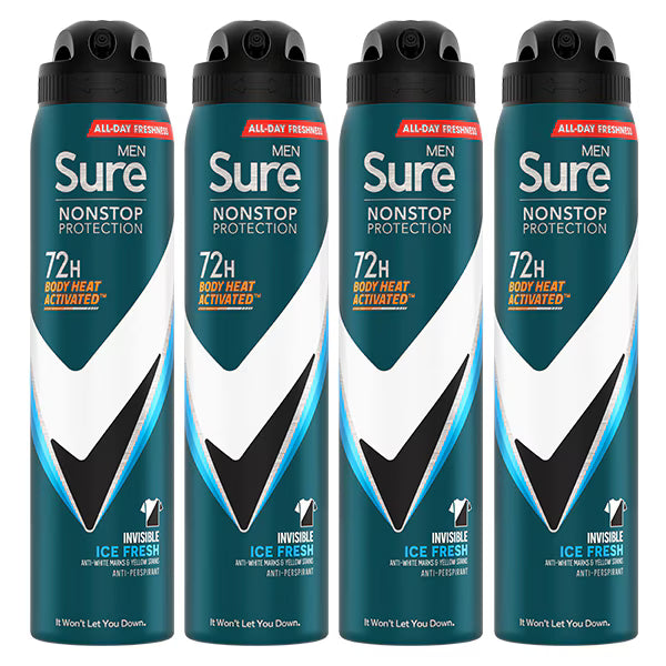 Sure Men Nonstop Invisible Ice deodorant spray 250ml x 4 (British brand)