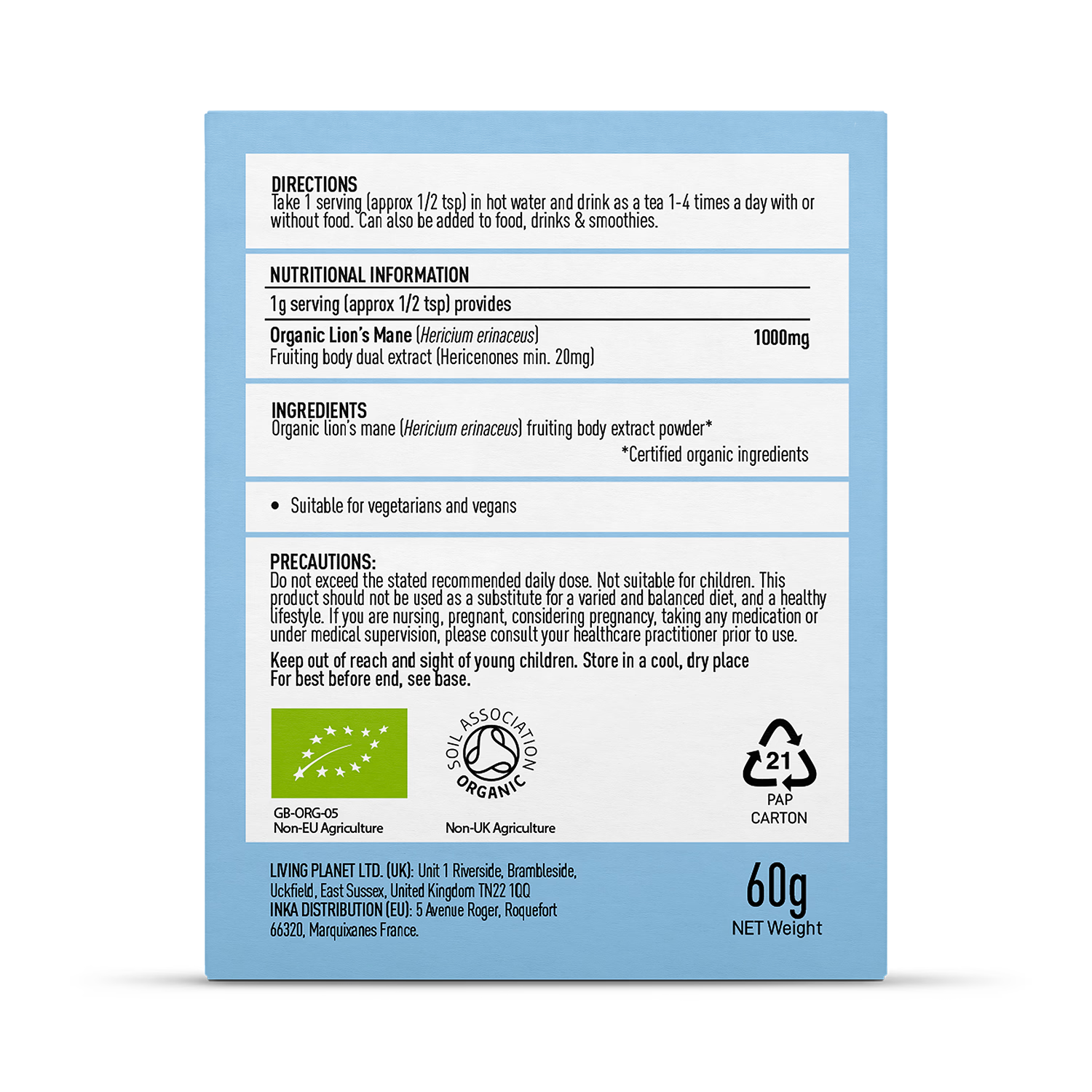 Mushrooms For Life Lion's Mane powder 60g, imported from the UK