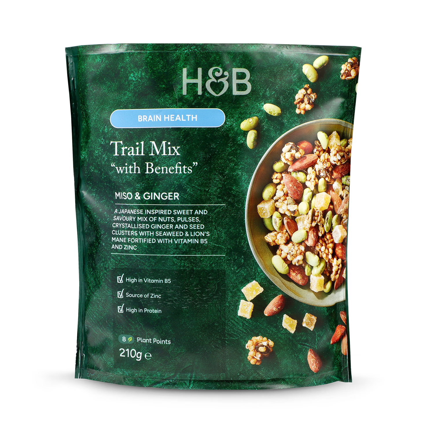 Holland & Barrett trail mix miso ginger 210g, imported from the UK