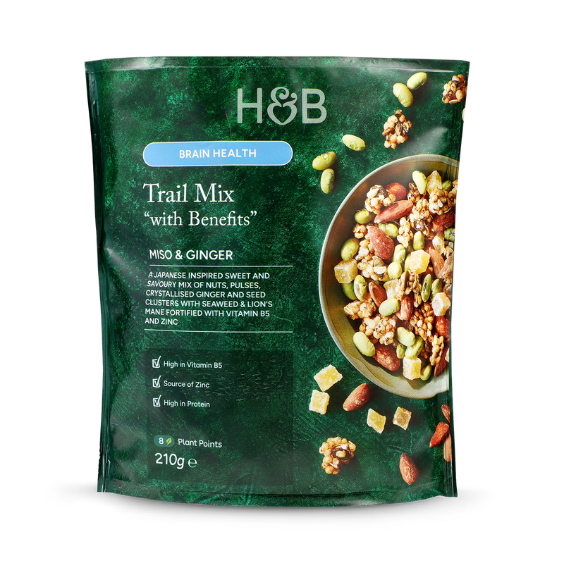 Holland & Barrett trail mix miso ginger 210g, imported from the UK