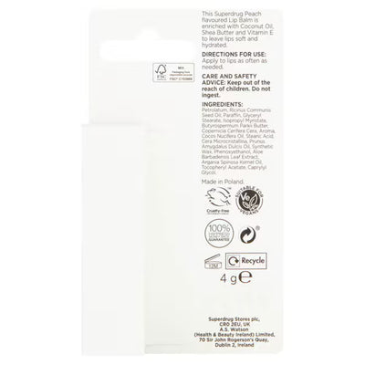 Superdrug Baume à Lèvres Superdrug Pêche Huile de Coco Beurre de Karité Vitamine E 4g - Acheter en ligne sur McGrocer