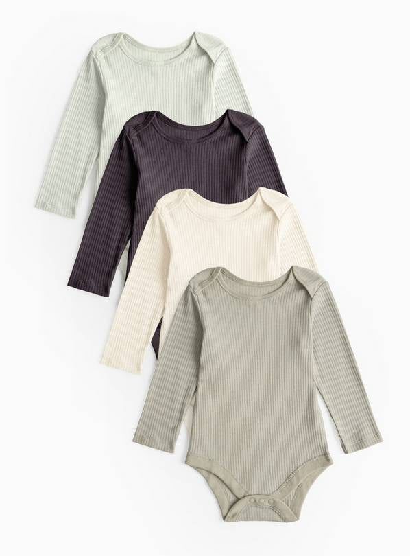 Dino Plain Ribbed Long Sleeve Bodysuit 4 Pack Newborn