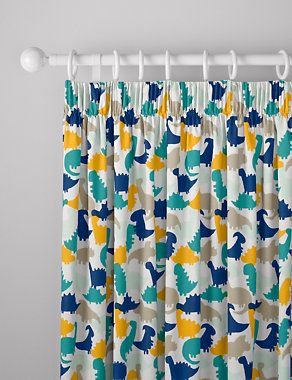 Dinosaur Pencil Pleat Blackout Kids' Curtains - Blue Mix, W135Cm Drop 137Cm