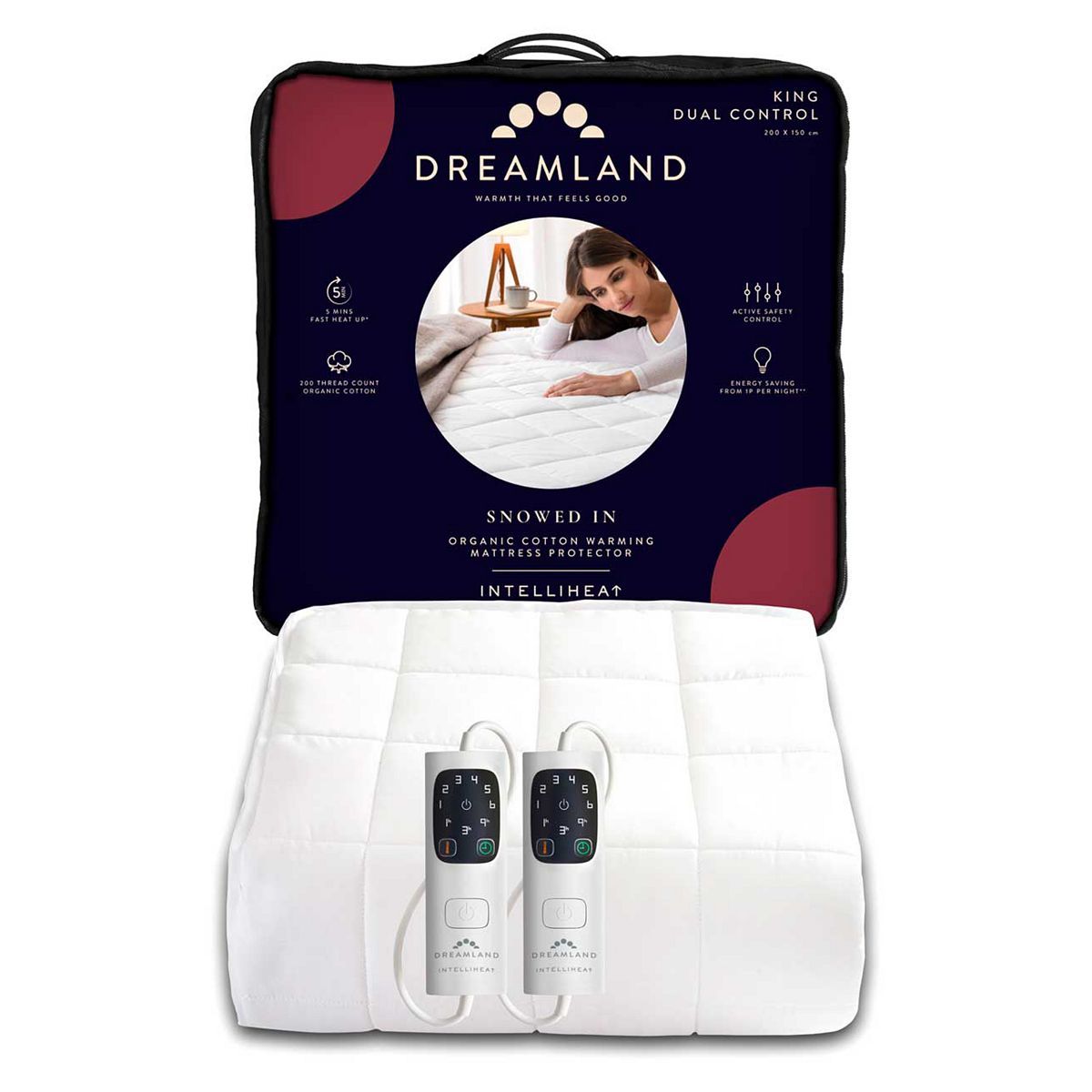 Dreamland Snowed In Organic Cotton Warming Mattress Protector King 2 Controls 200X150Cm