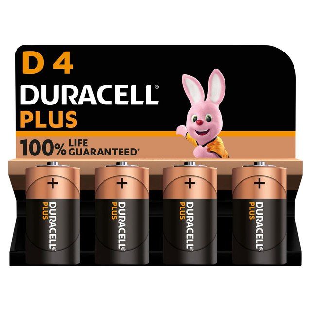 Duracell Plus 100% D Alkaline Batteries   4 per pack