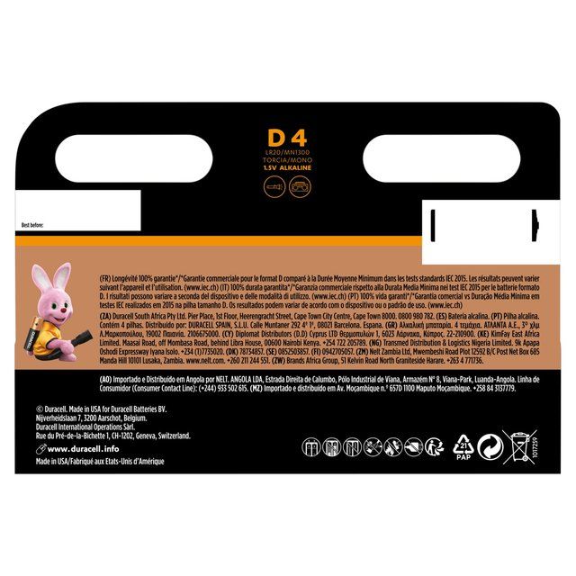 Duracell Plus 100% D Alkaline Batteries   4 per pack