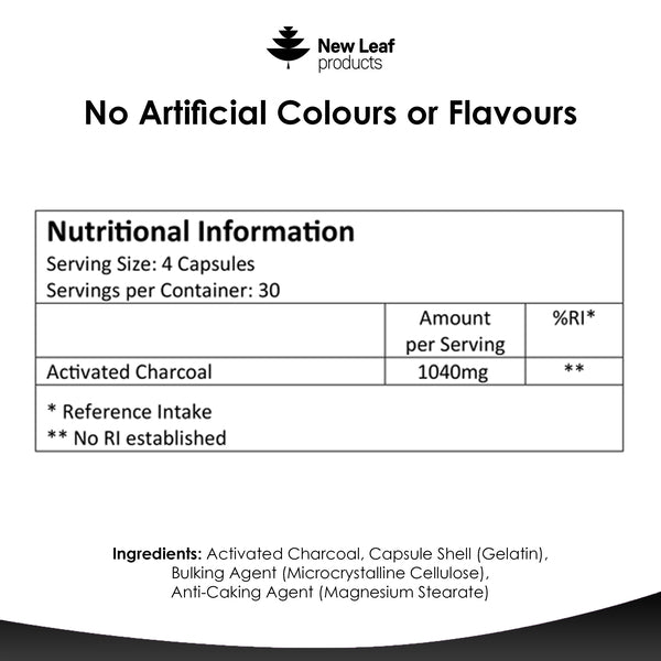 New Leaf activated charcoal capsules 1040mg 120 capsules, imported from the UK