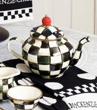 MacKenzie-Childs Courtly Check teapot with hand-painted black and white pattern, 950ml, imported from the UK