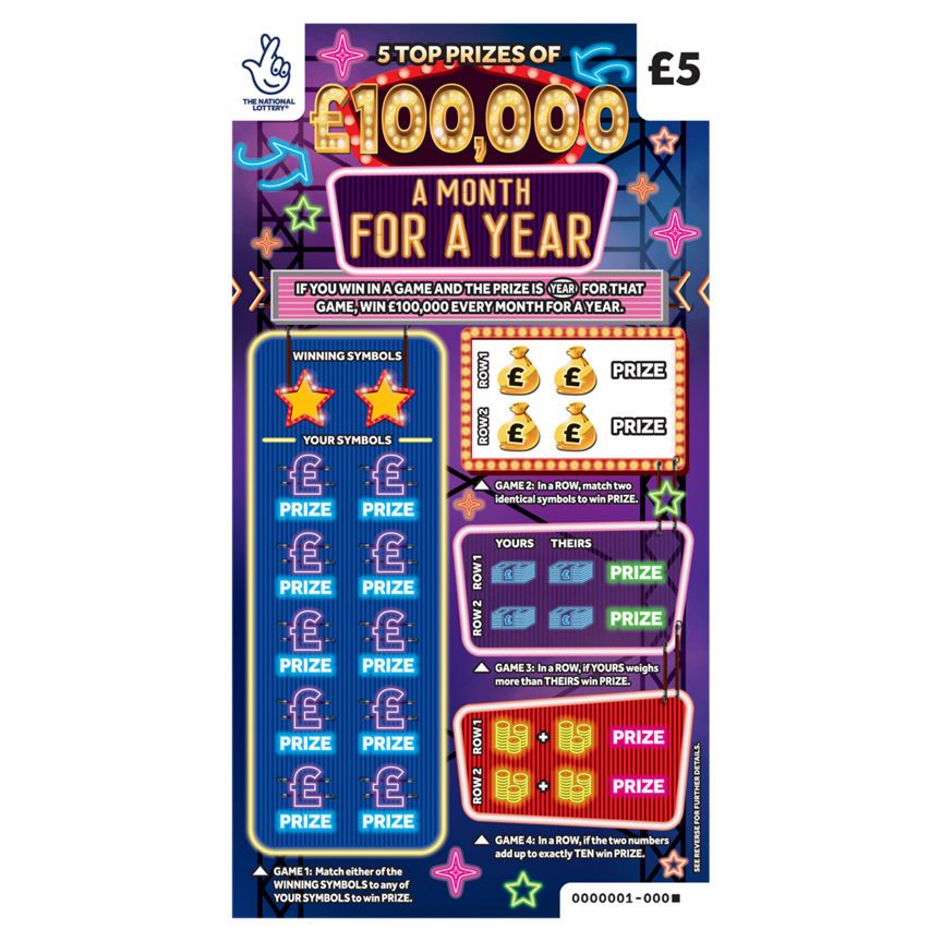 National Lottery £5 £1,200,000 £100,000 A Month for A Year Scratchcard Game GOODS ASDA   