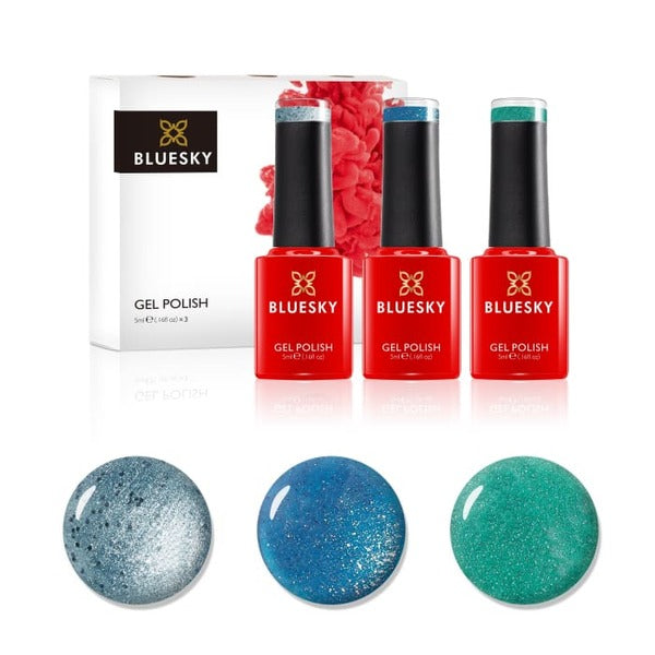 Bluesky Mini Trio Gel Polish Crystal Teals 15ml total - British product