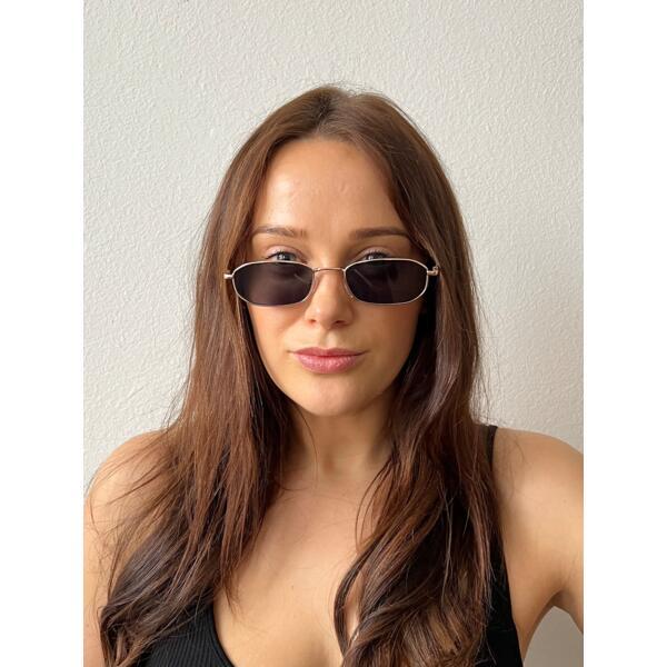 SVNX slim metal frame rectangle sunglasses with gold frame and smoke lenses, UK version