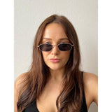 SVNX slim metal frame rectangle sunglasses with gold frame and smoke lenses, UK version