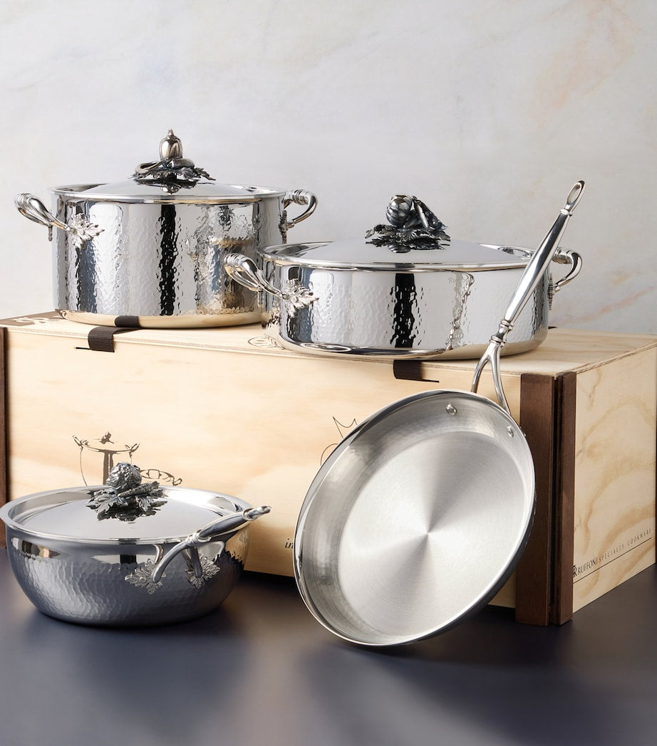 Ruffoni 4-piece tri-ply clad stainless steel cookware set with hand-hammered finish, imported from the UK