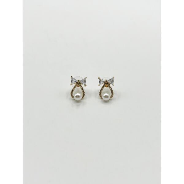 SVNX studded bow earrings with hanging pearl in gold, UK version