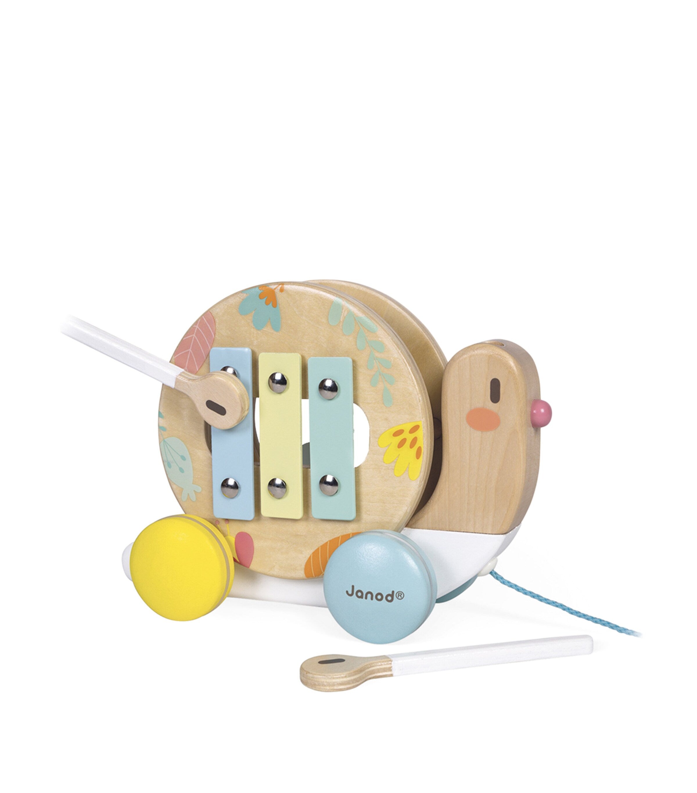 Janod Pure pull-along snail toy with xylophone and tambourine, UK version