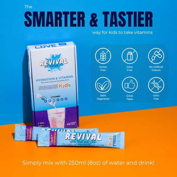 Revival kids vitamin drink apple and black 6 pack, imported from the UK