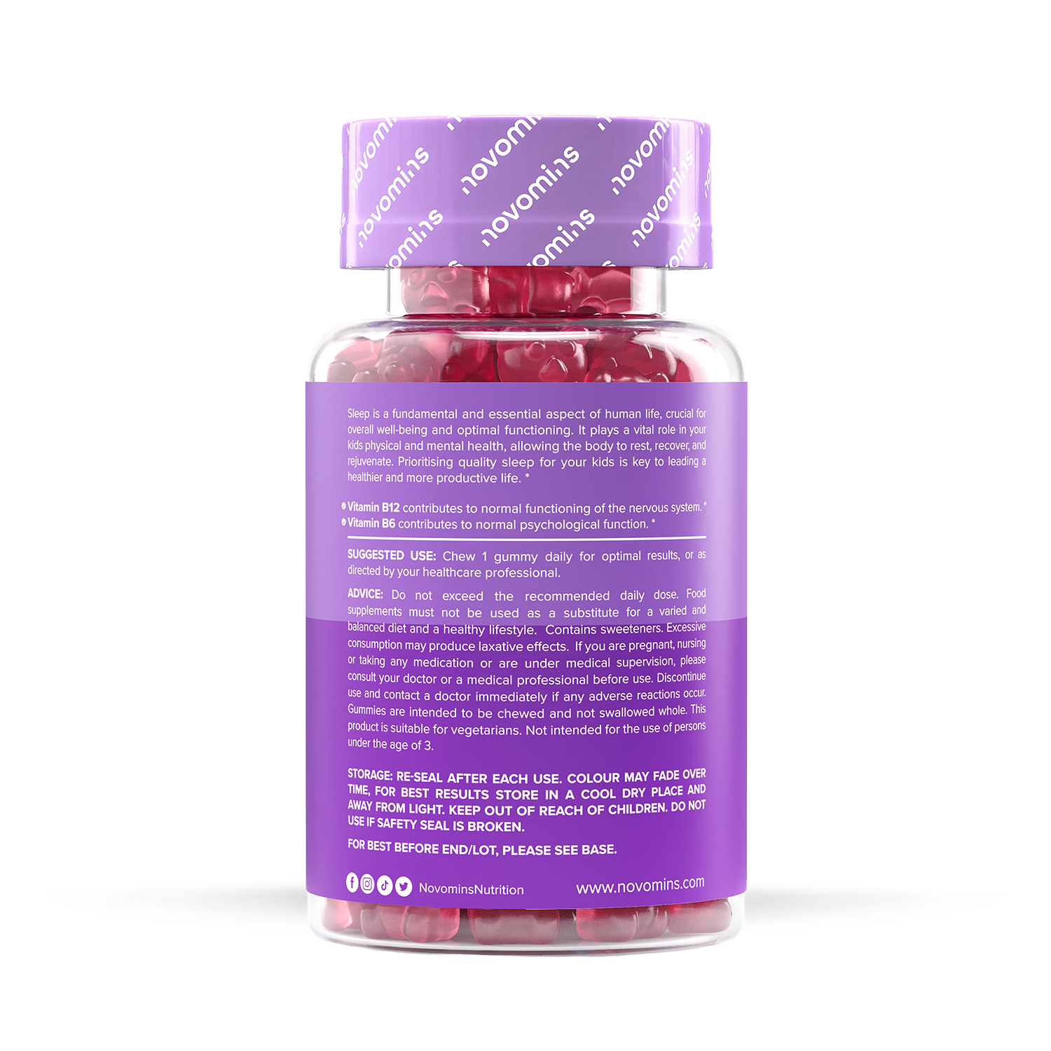 Novomins Night-Time Raspberry Gummies 30 Pack, imported from the UK