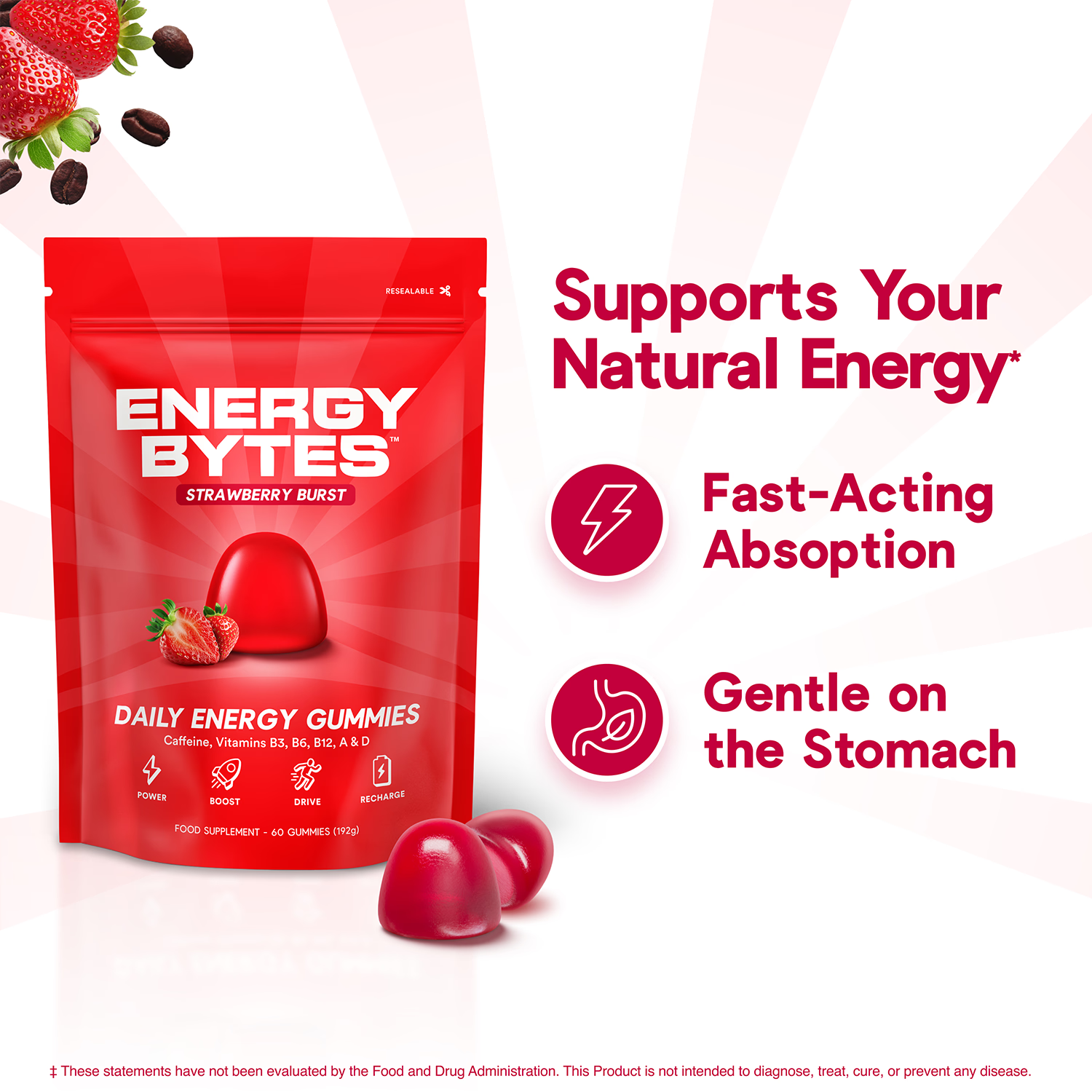 BYTES Co strawberry energy gummies 60 count (British brand)