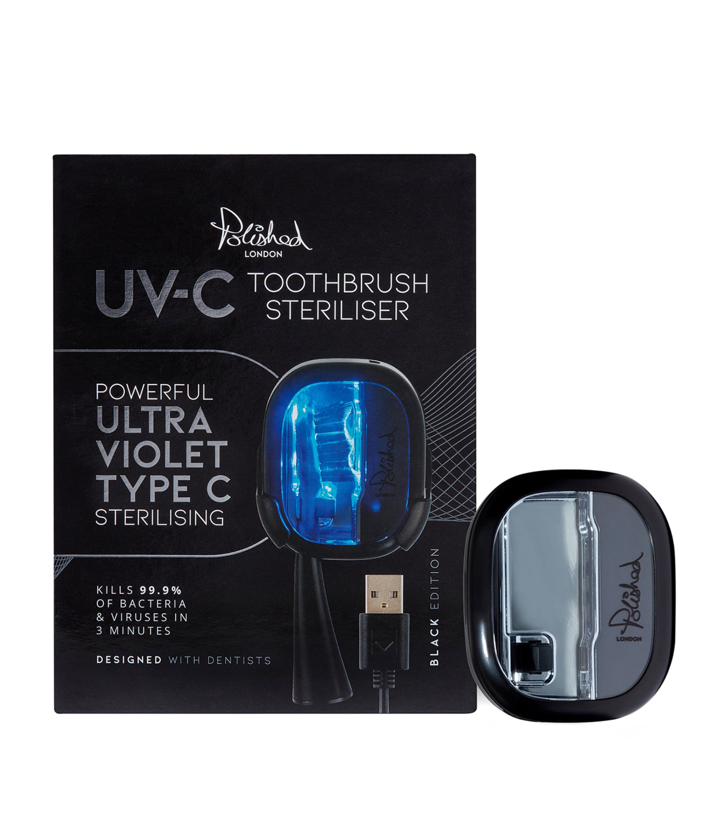 Polished London UV-C toothbrush head steriliser, imported from the UK