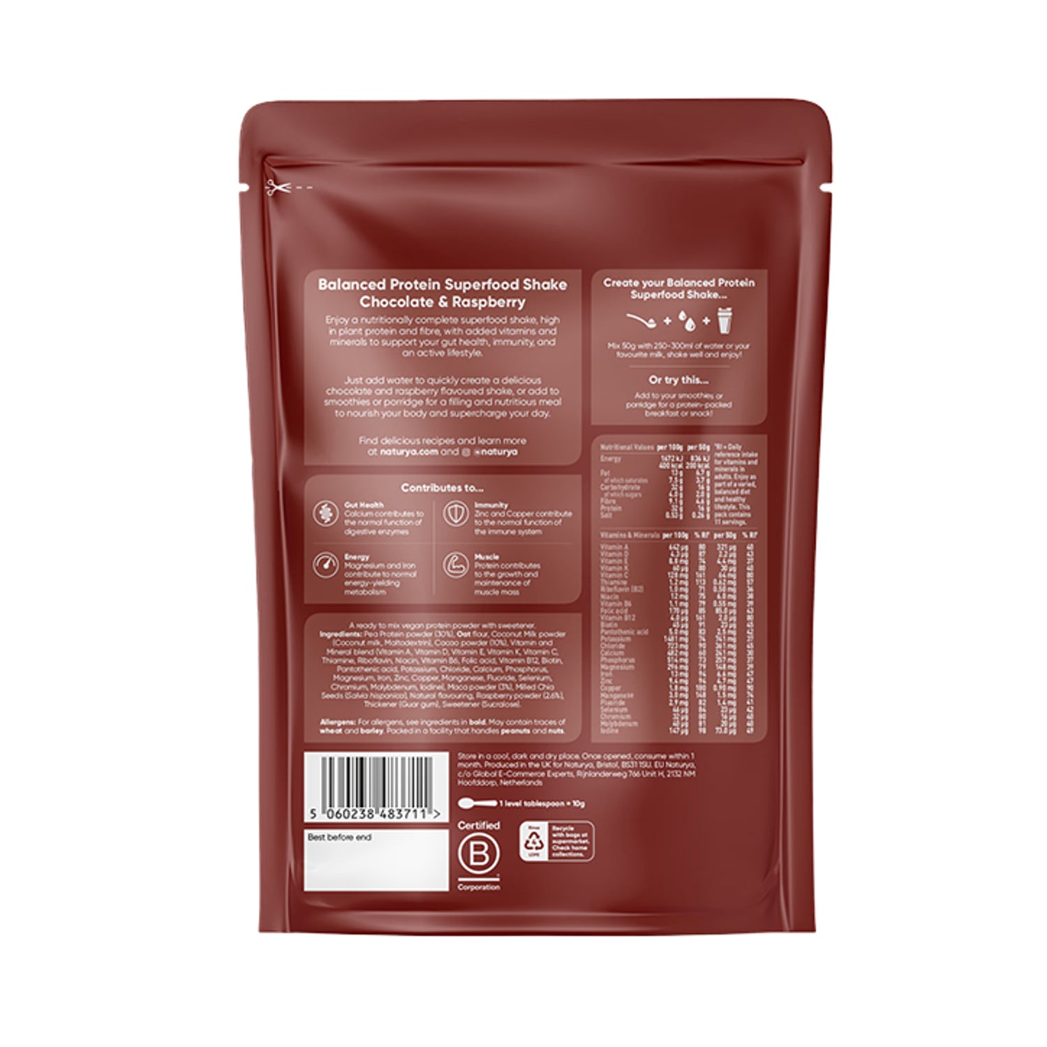 Naturya balanced protein superfood shake chocolate raspberry 550g, imported from the UK