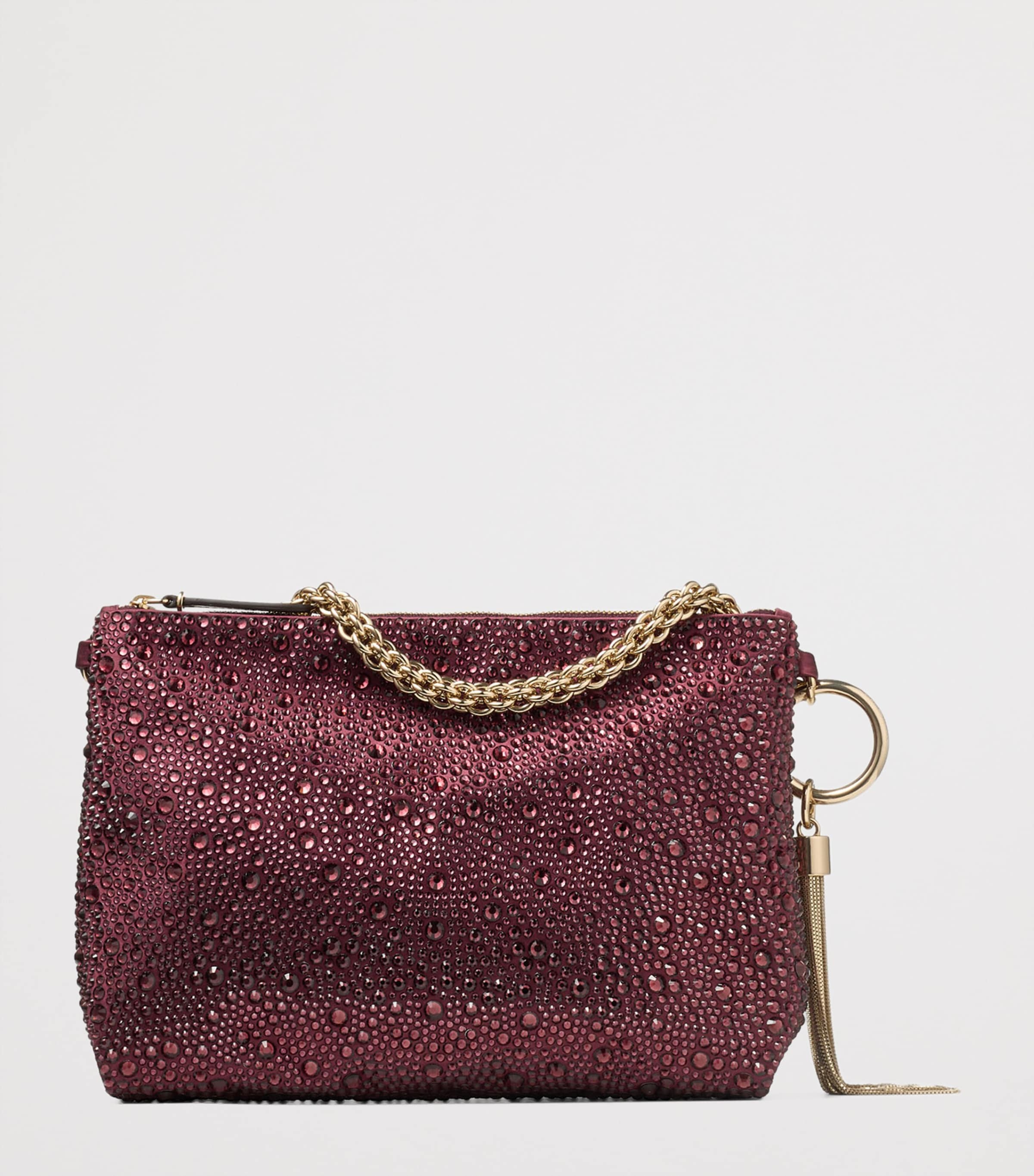 Jimmy Choo crystal-embellished satin clutch bag, imported from the UK