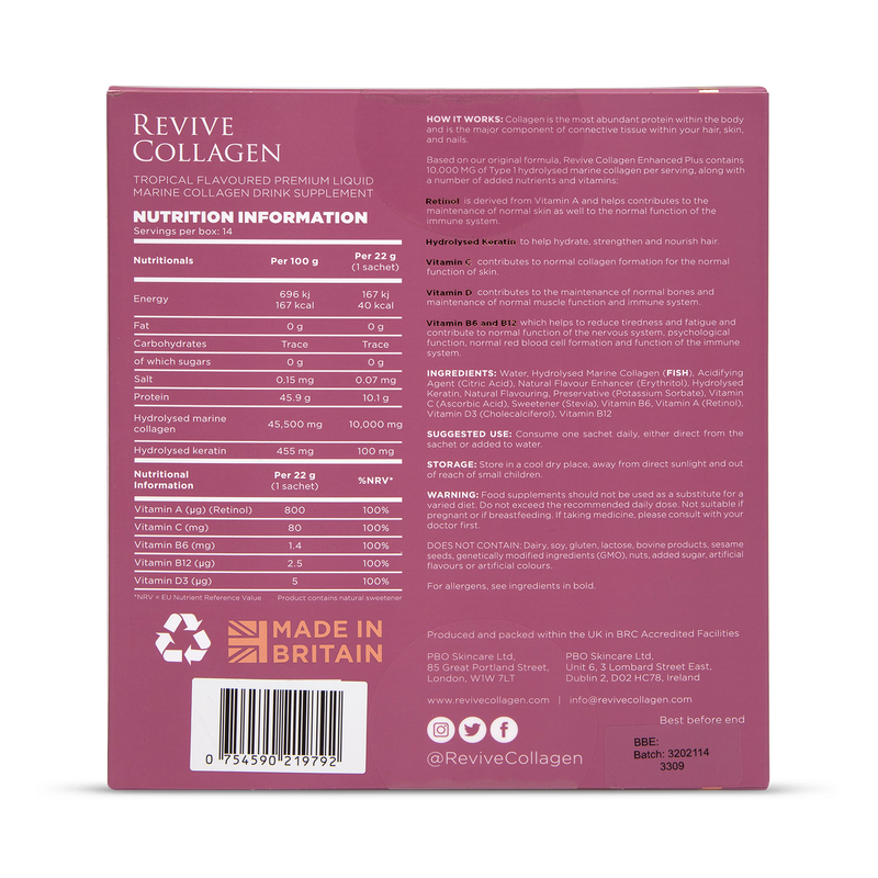 Revive Marine Collagen Drink Tropical 14 Sachets, imported from the UK
