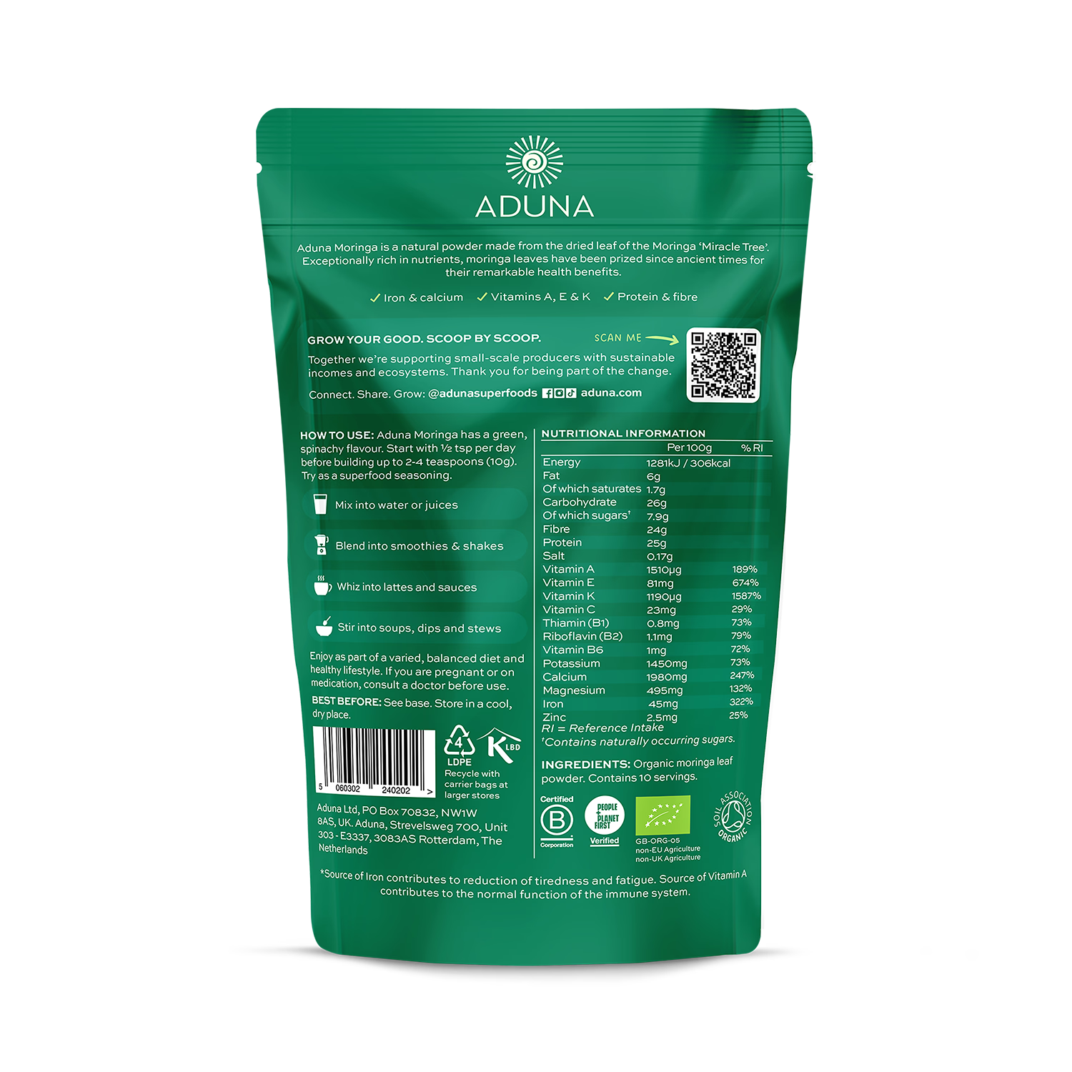 Aduna Organic Moringa Green Superleaf Powder 100g - British product