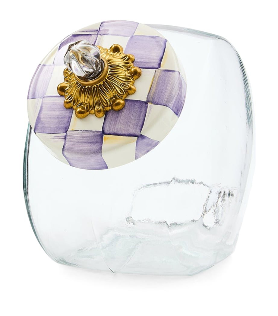 MacKenzie-Childs cookie jar with hand-painted violet check lid (British brand)