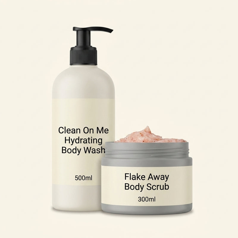 Soap & Glory shower duo bundle with Clean on Me 500ml and Flake Away 300ml, imported from the UK